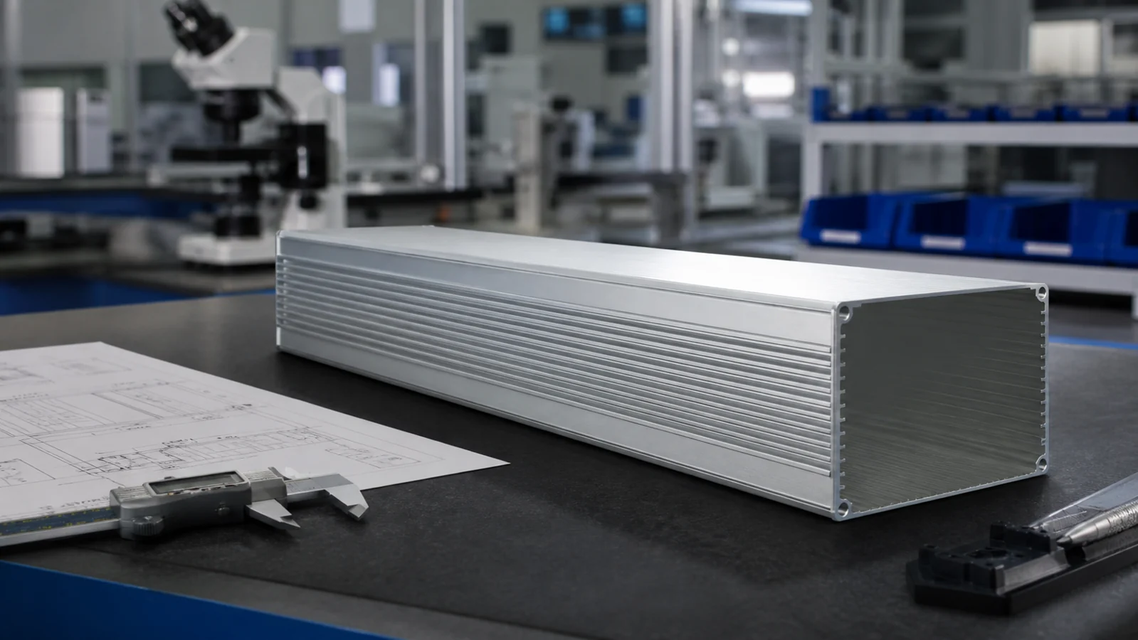 Extruded aluminum electronics enclosure body on a factory quality-control bench