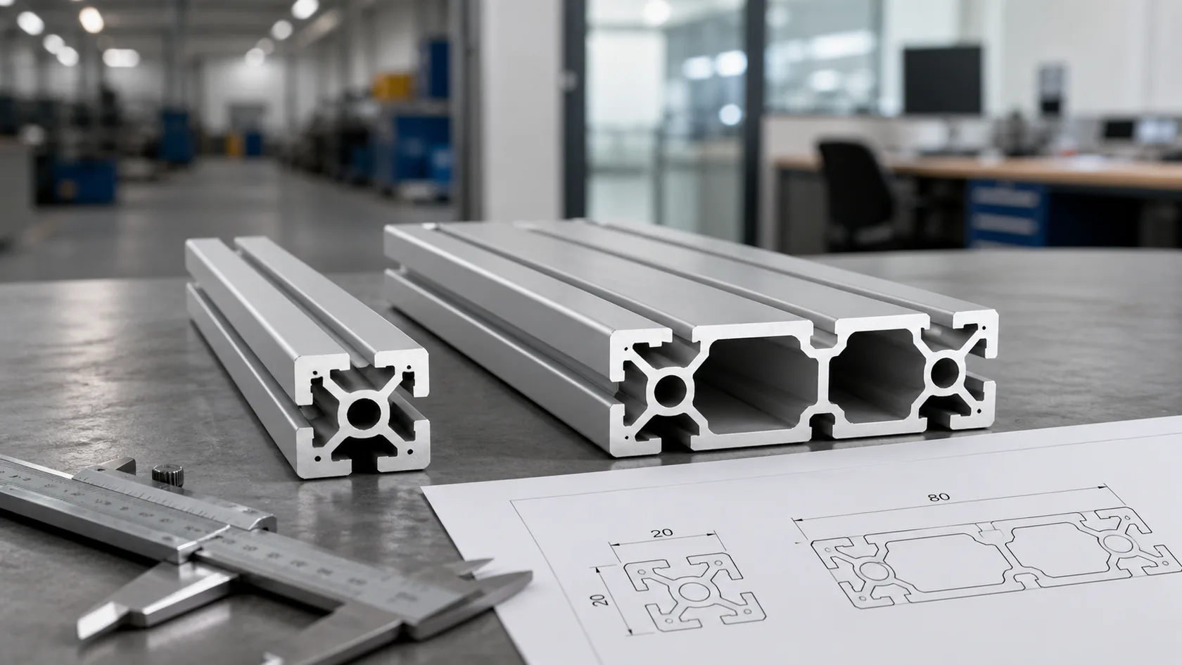 20 by 20 and 80 by 20 aluminum extrusion samples beside a technical drawing