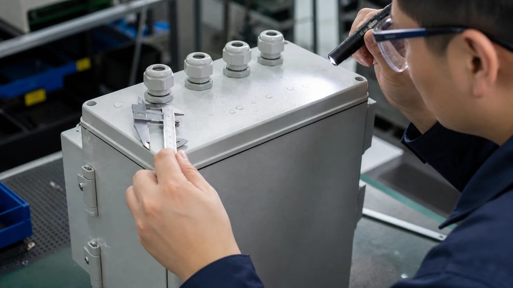 Engineer inspecting top cable entry on an outdoor electrical enclosure
