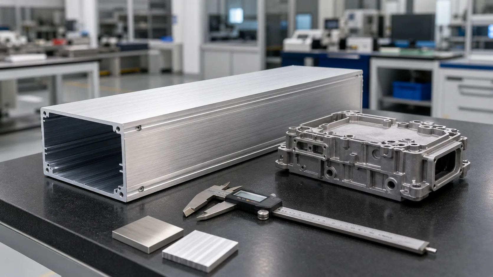 Extruded and die-cast aluminum electronics enclosures on a factory quality-control bench