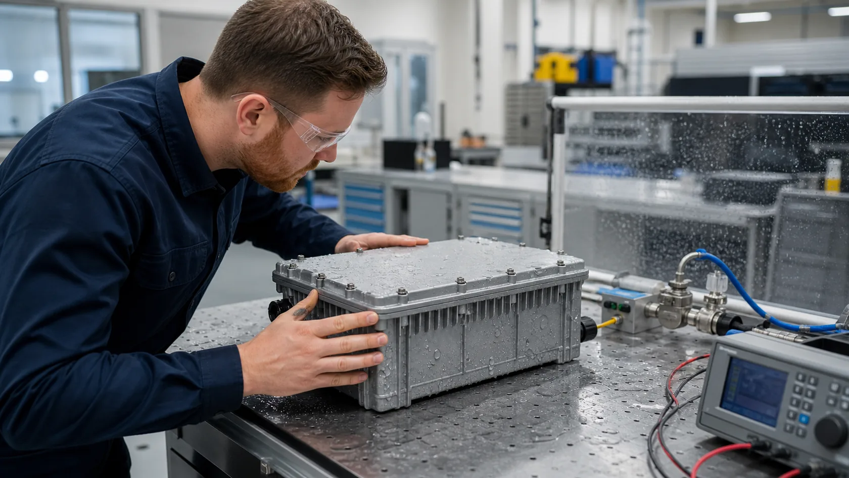 Technician inspecting a sealed outdoor enclosure during water test