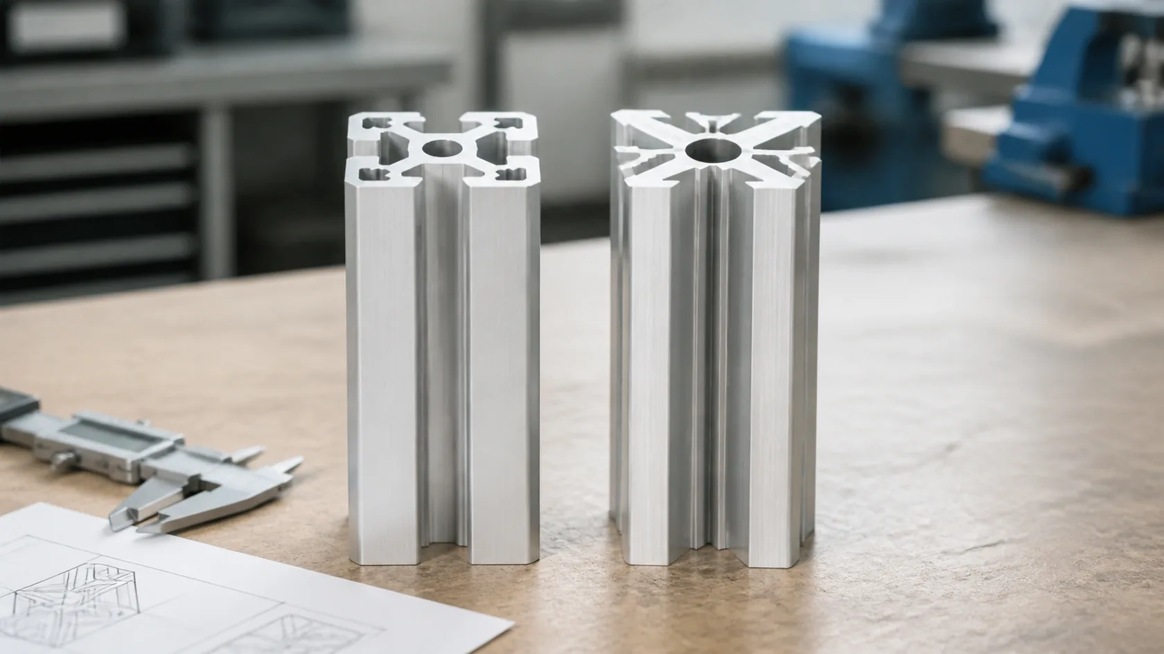 T-slot and V-slot aluminum extrusion profiles compared on an engineering workbench