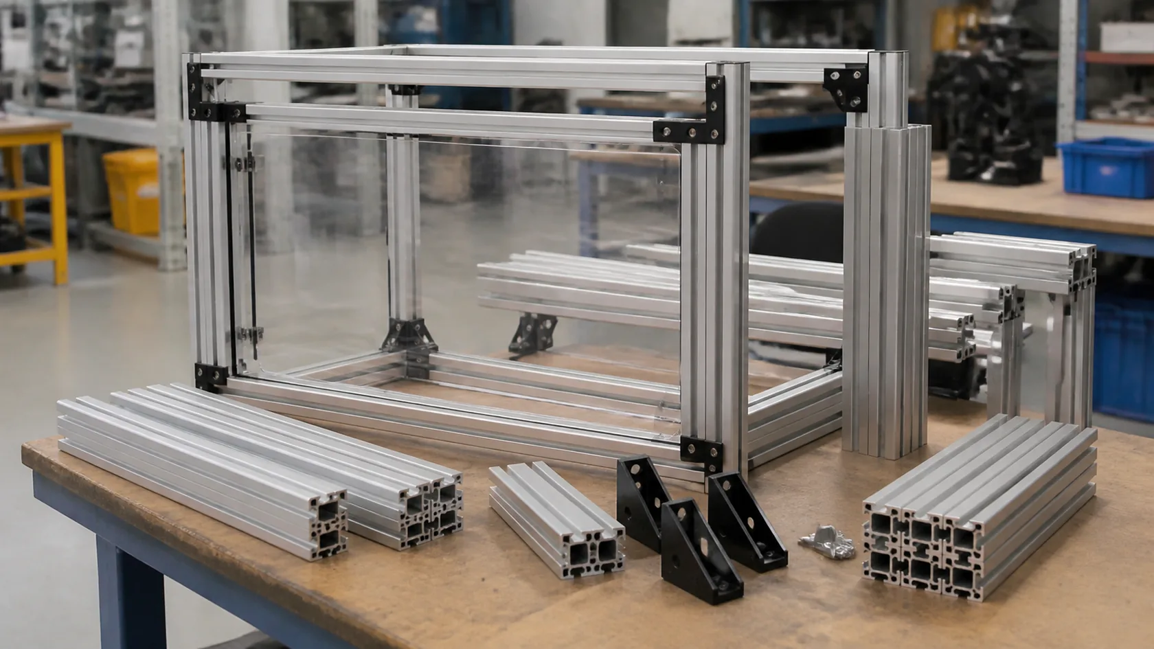 Engineer reviewing a finished T-slot aluminum equipment frame