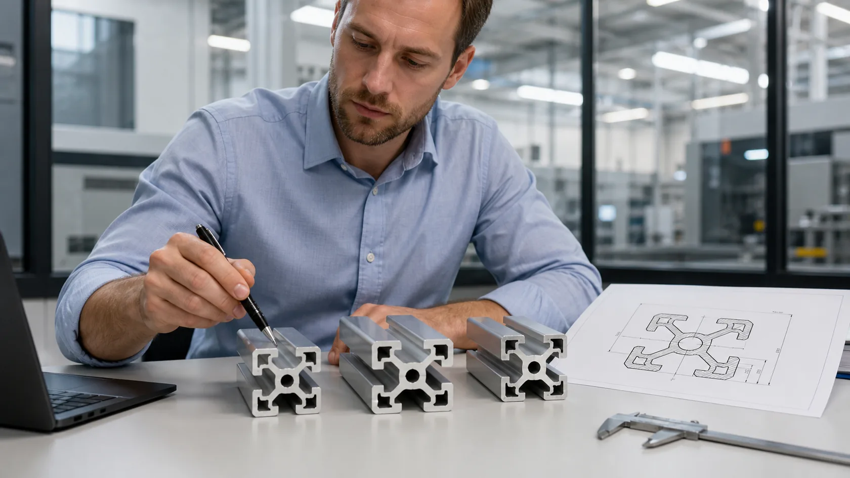 Engineer comparing aluminum profile cross sections and dimensioned drawings
