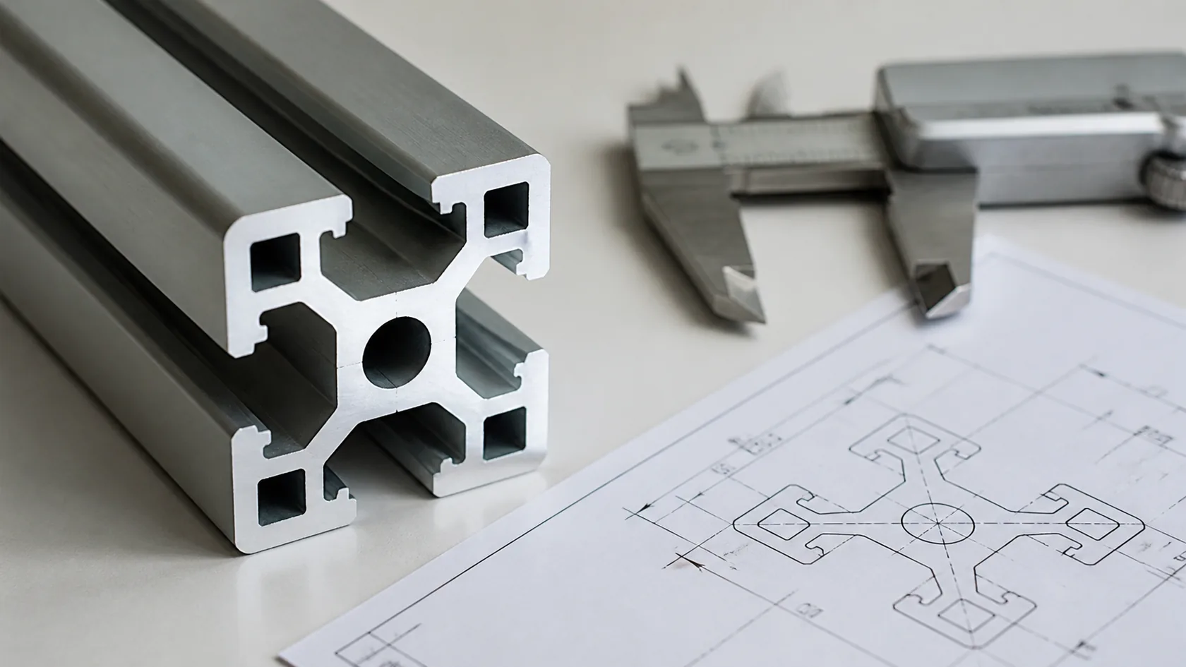 Close view of the cut end of an aluminum T-slot extrusion