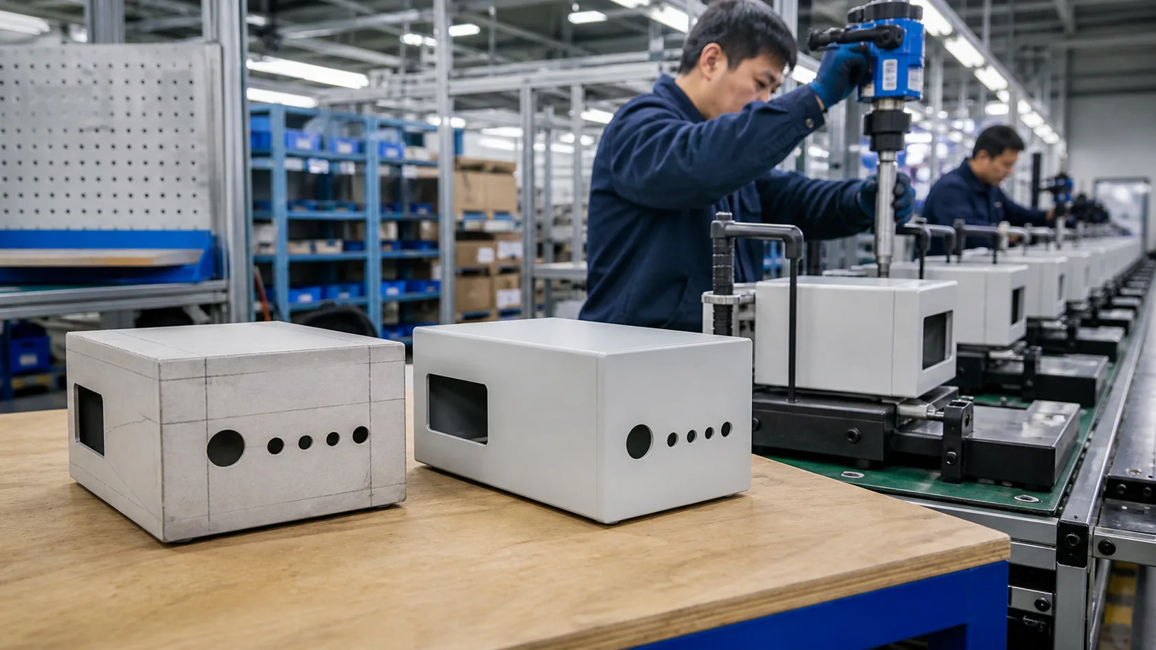 Prototype enclosure beside repeatable factory assembly fixtures