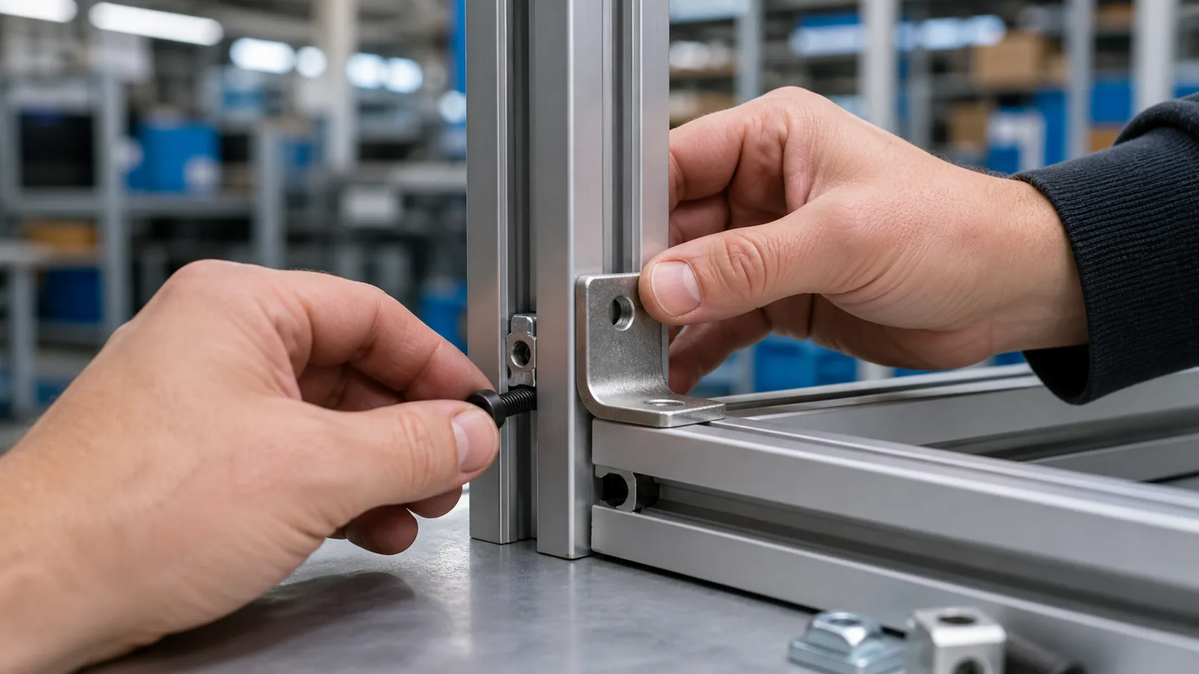 Hands fastening a standard T-slot aluminum frame with a T-nut and corner bracket