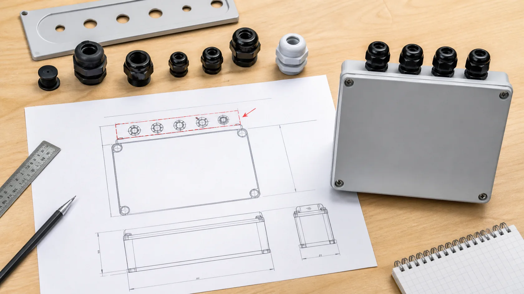 Outdoor enclosure drawing showing top cable entry beside a factory sample