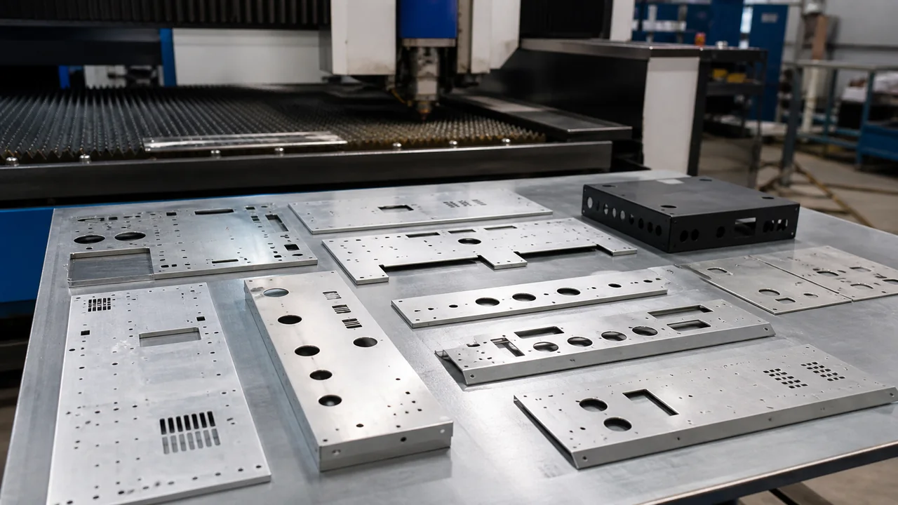 Laser-cut enclosure panels showing many cutouts and openings