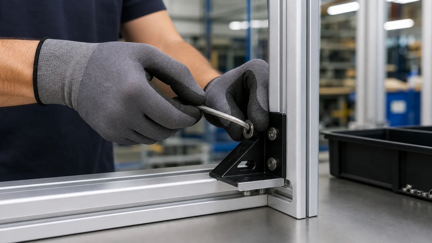 Technician fastening a corner bracket to T-slot aluminum extrusion