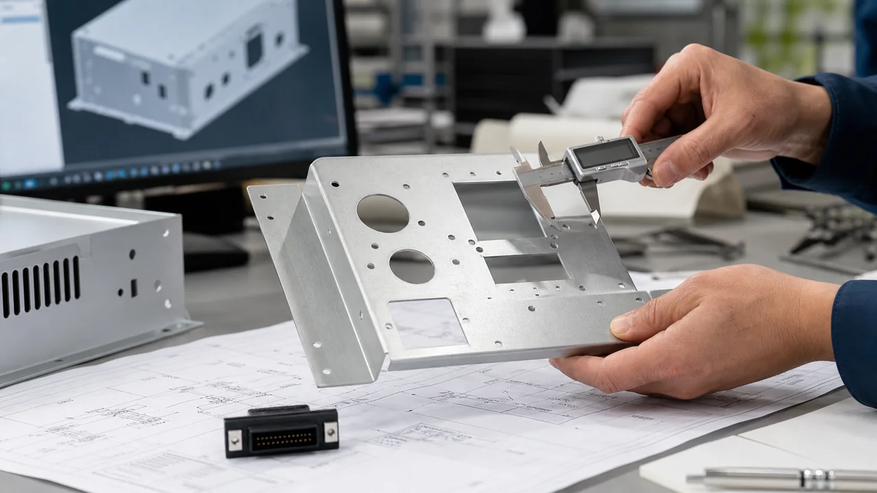 Engineer checking cutout dimensions on an aluminum enclosure panel