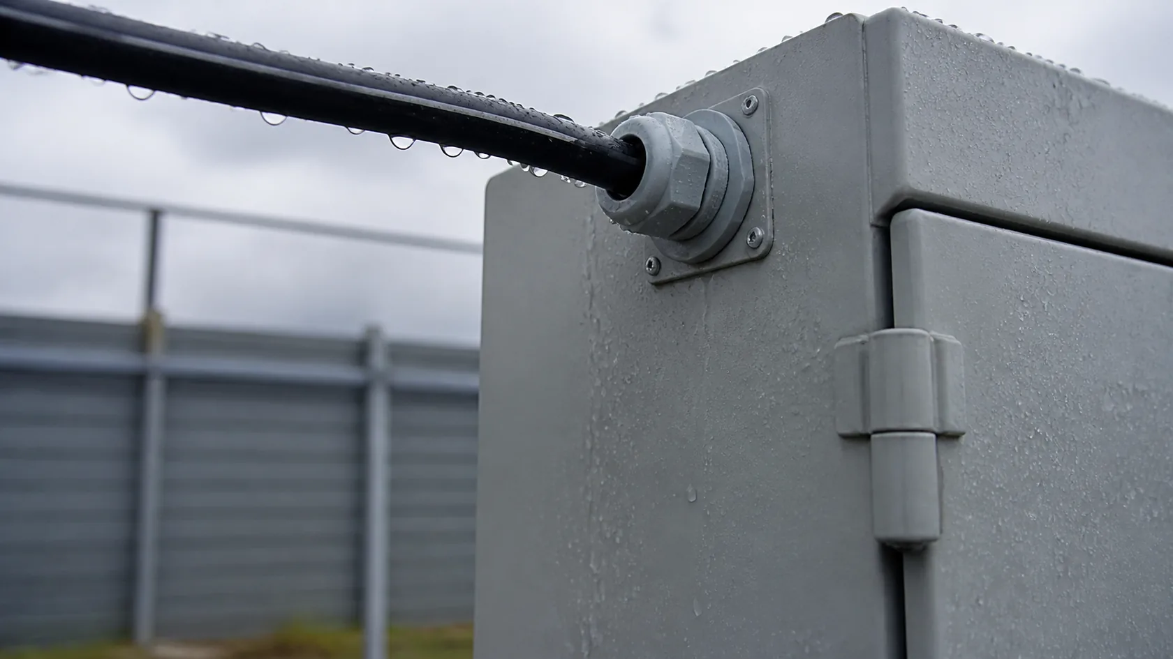 Rainwater following cable jacket toward a cable gland on an enclosure