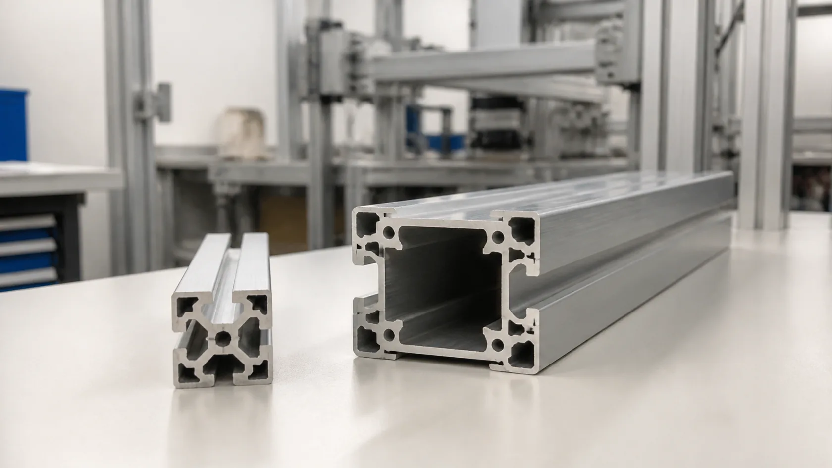 Compact and wide aluminum extrusion frames in an industrial workshop