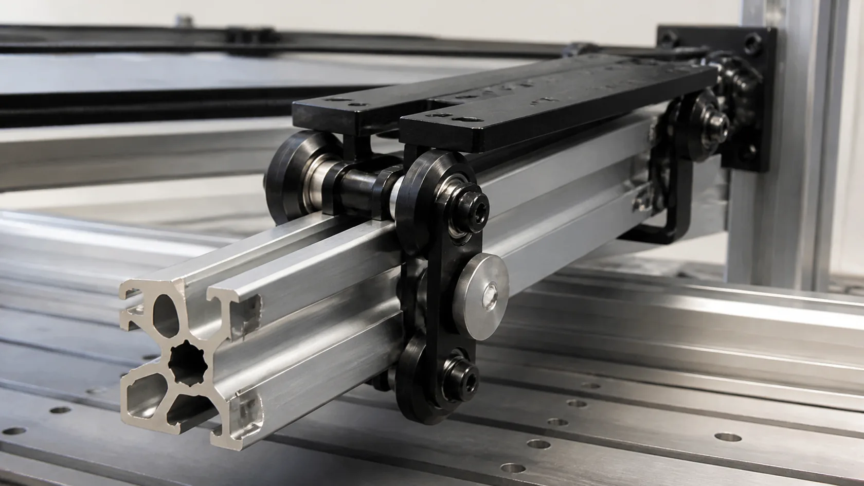 V-slot aluminum extrusion supporting a compatible V-wheel carriage on a light automation bench