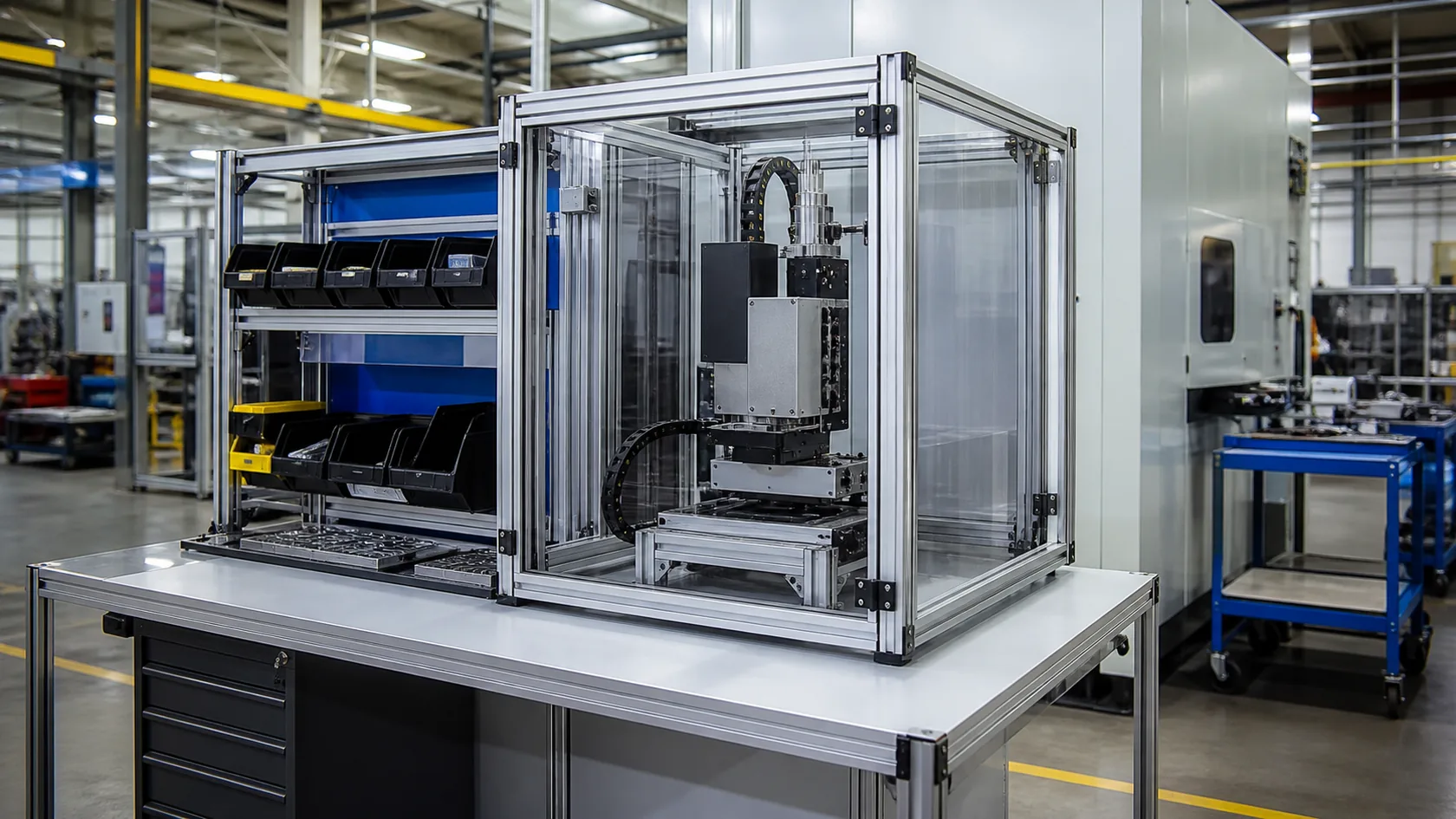 Industrial workstation and machine guard built from T-slot aluminum framing
