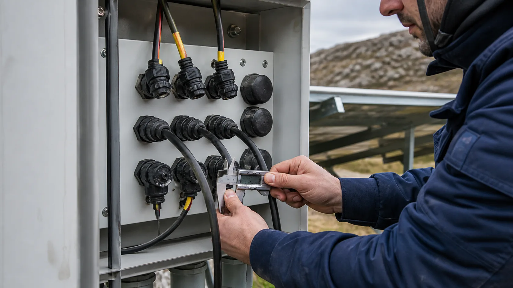 Technician inspecting cable glands and sealed accessories on an enclosure