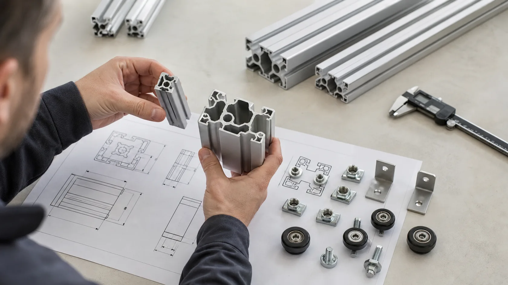 Aluminum profile samples and matching hardware checked with calipers during an engineering review