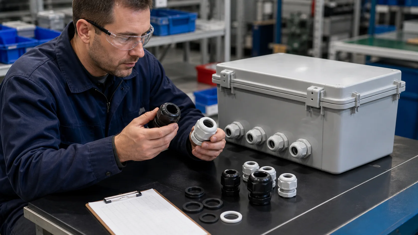 IP and NEMA rated enclosure with cable glands on inspection bench