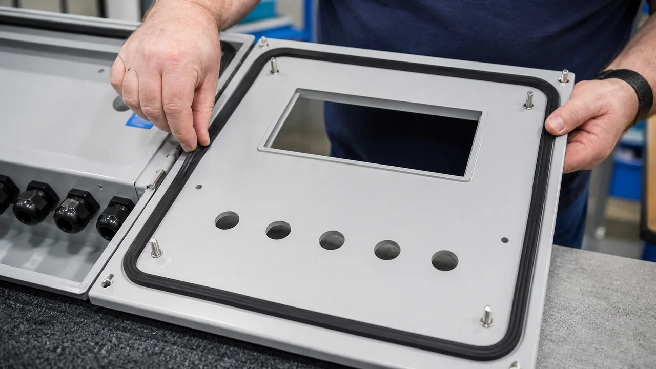Inspector checking gasket sealing around enclosure cutouts