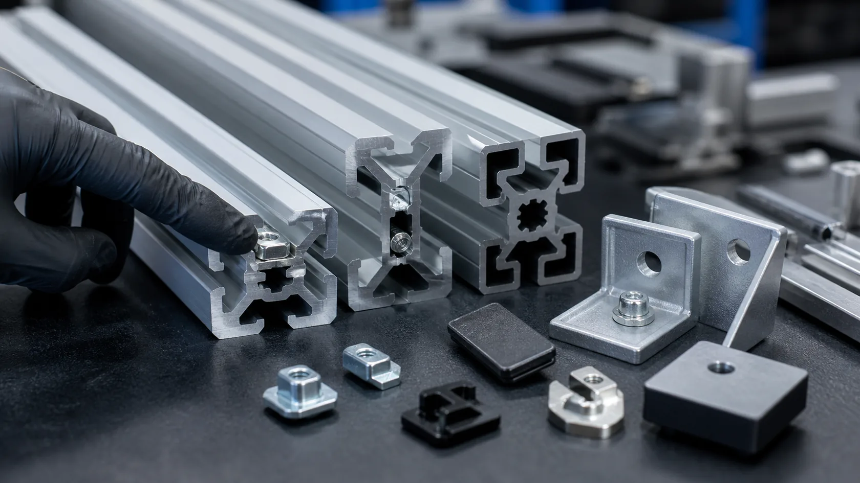 T-nuts and brackets inspected against aluminum T-slot profile grooves