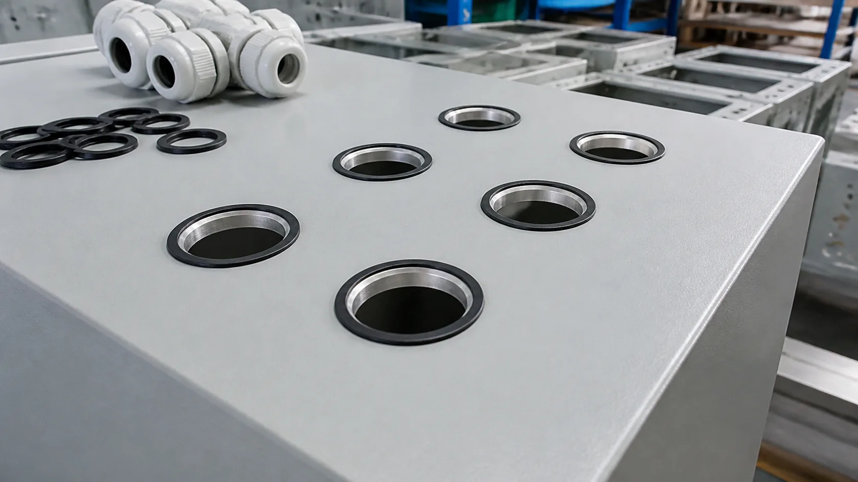 CNC machined enclosure panel with top cable gland holes and washers