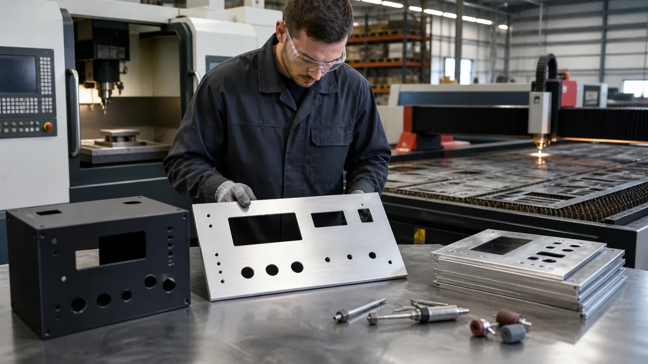 Technician reviewing enclosure panels near CNC and laser equipment