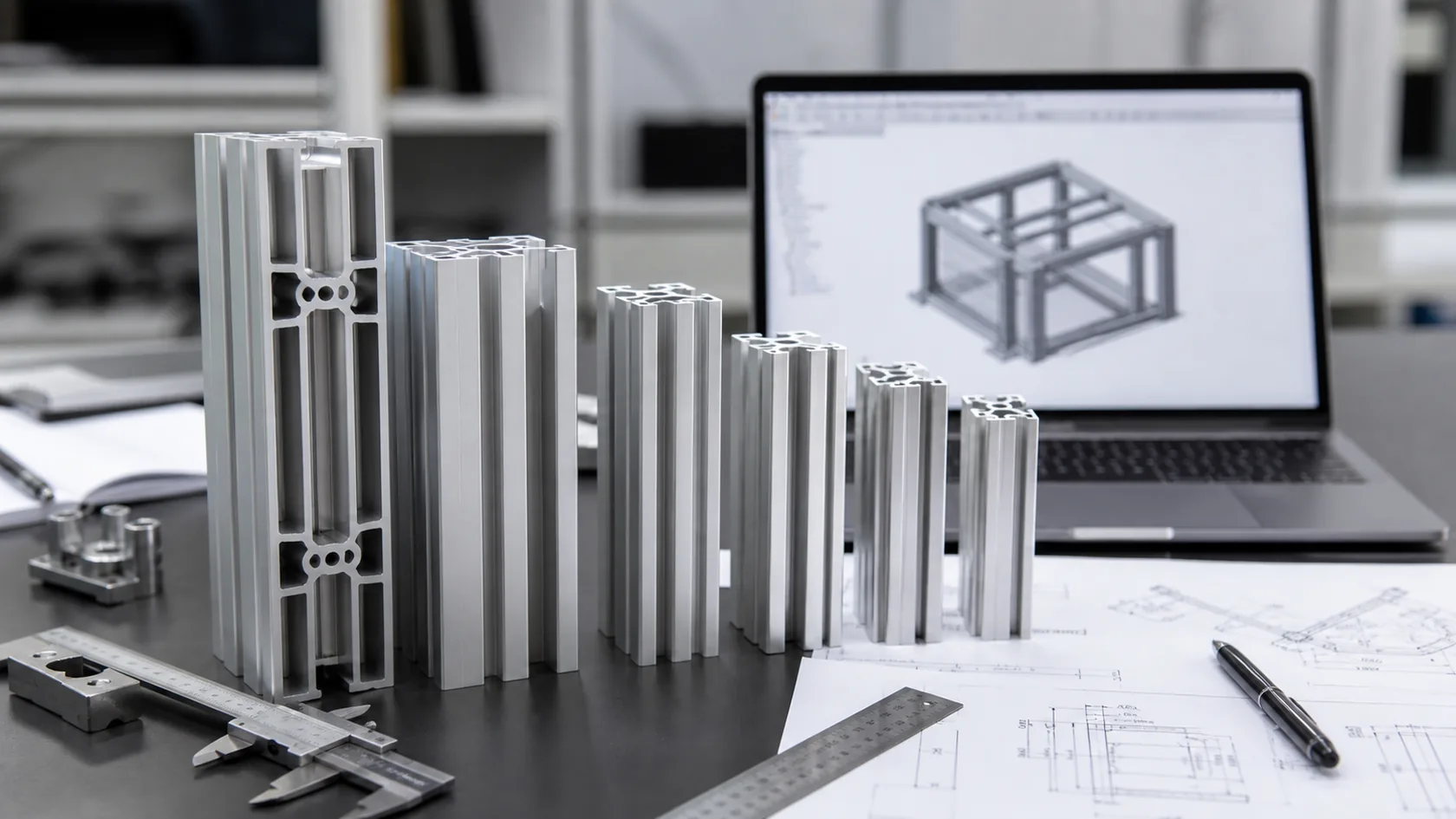 Different aluminum T-slot extrusion sizes reviewed at an engineering desk