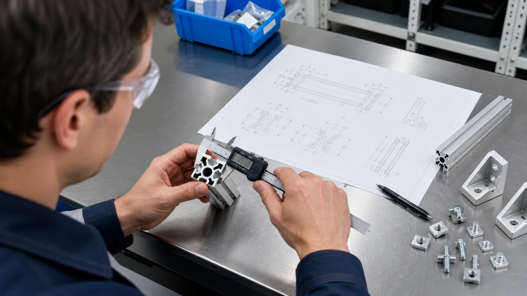 Engineer measuring aluminum extrusion and reviewing a detailed RFQ drawing
