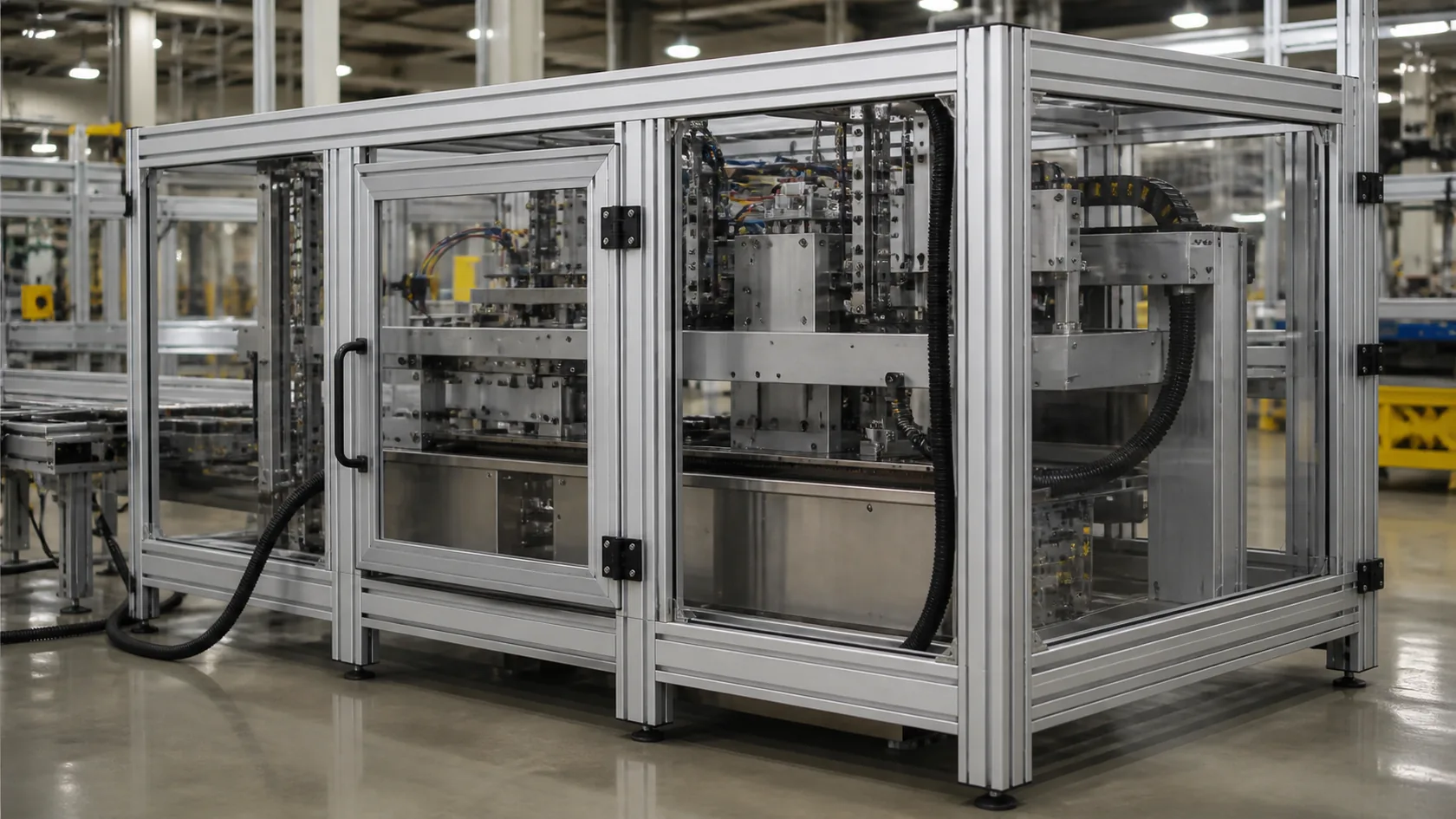 Large modular T-slot aluminum machine guard with panels and an access door on a factory floor