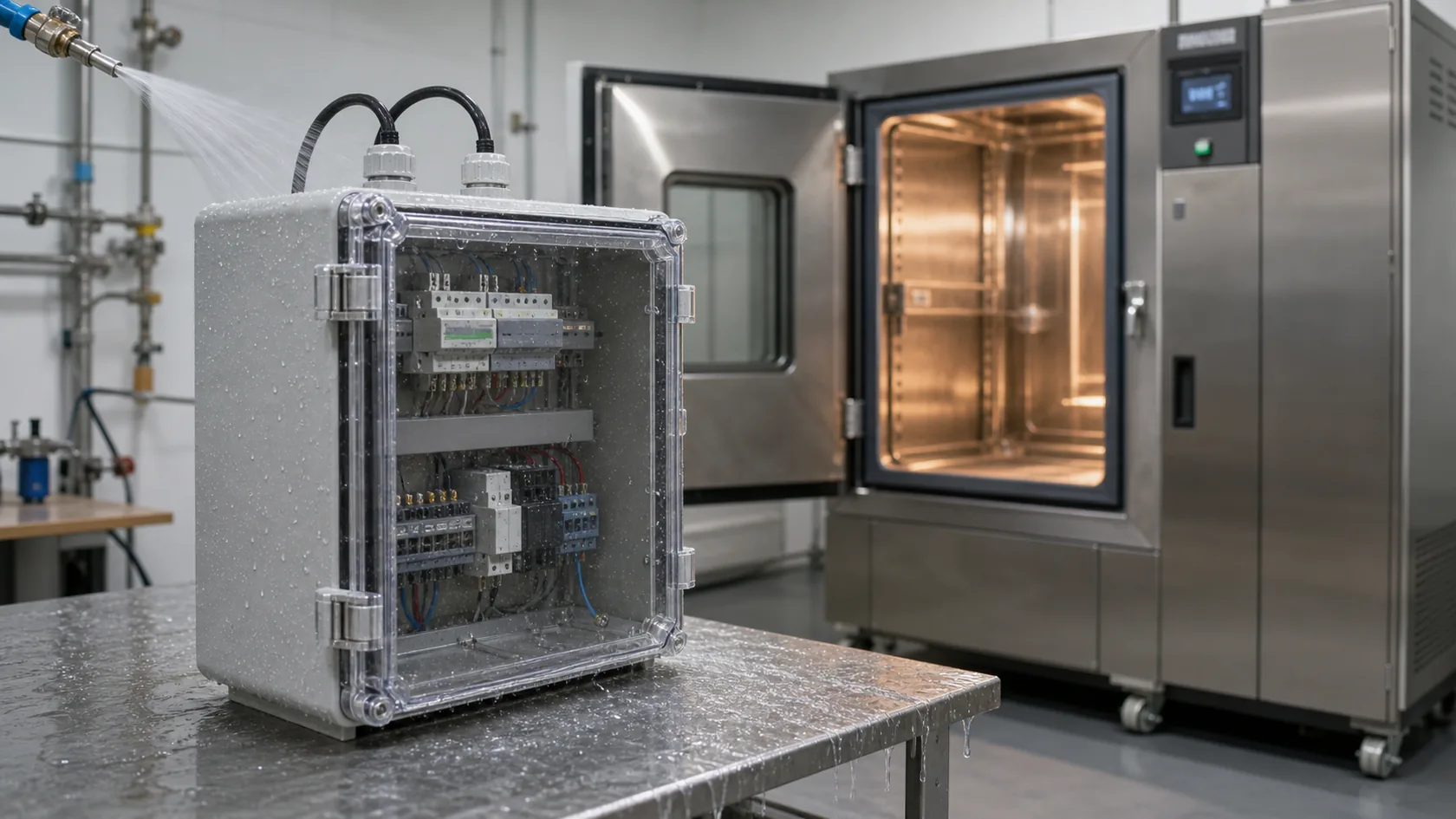Outdoor enclosure undergoing thermal and water exposure testing