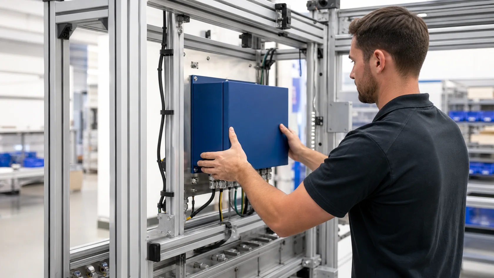 Custom electronics enclosure installed inside an aluminum T-slot equipment frame