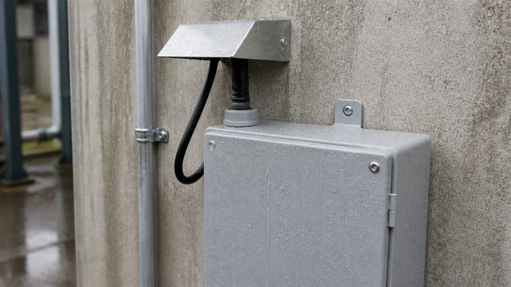 Protected top cable entry with rain hood and drip loop on outdoor enclosure