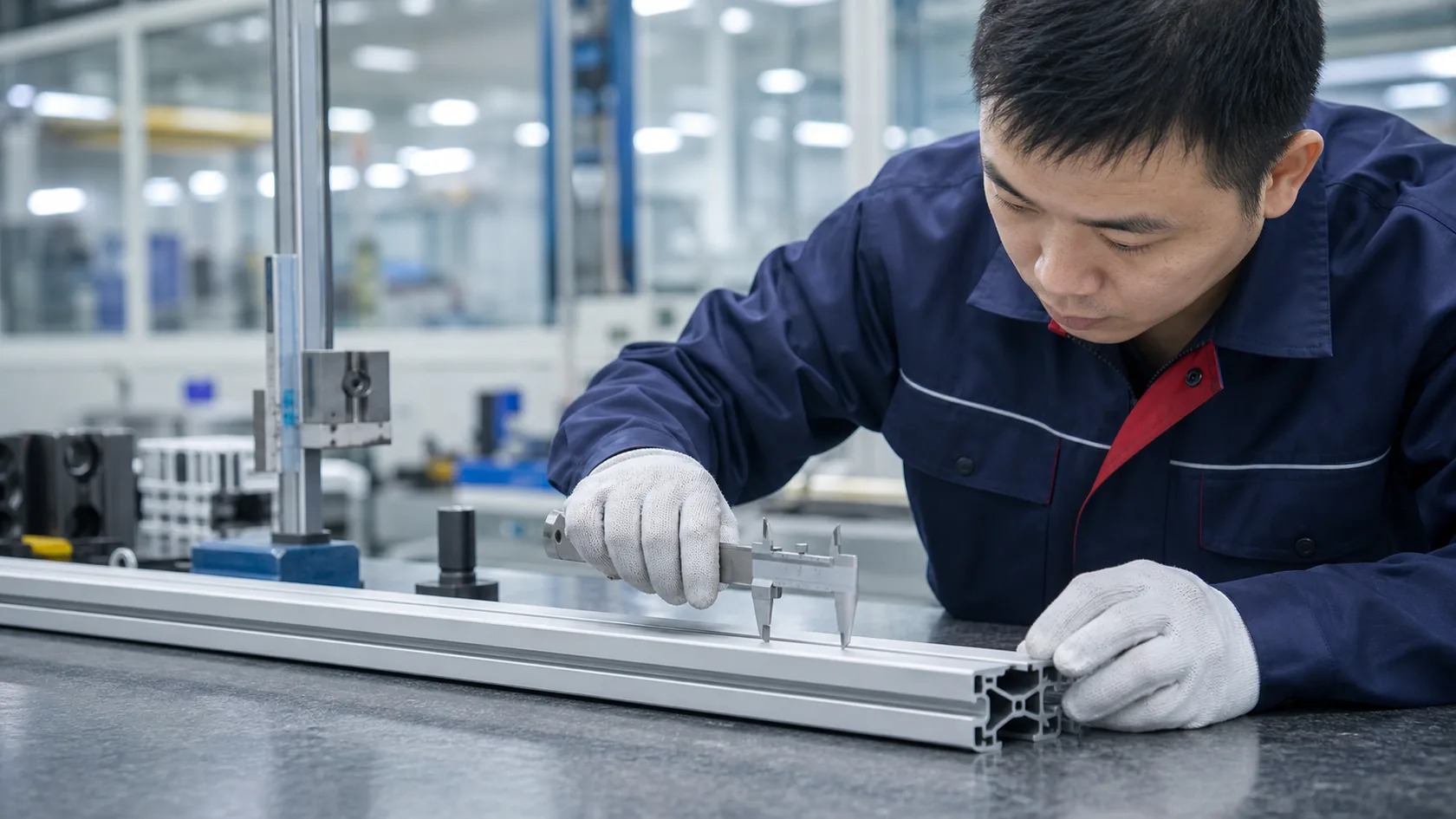 Quality inspector checking T-slot profile dimensions with calipers