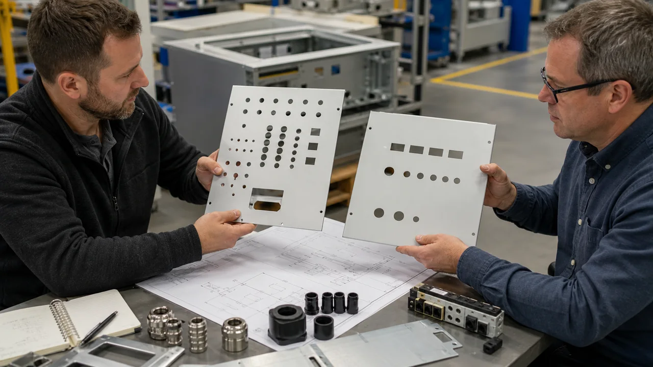 Engineer and buyer comparing simplified enclosure cutout designs
