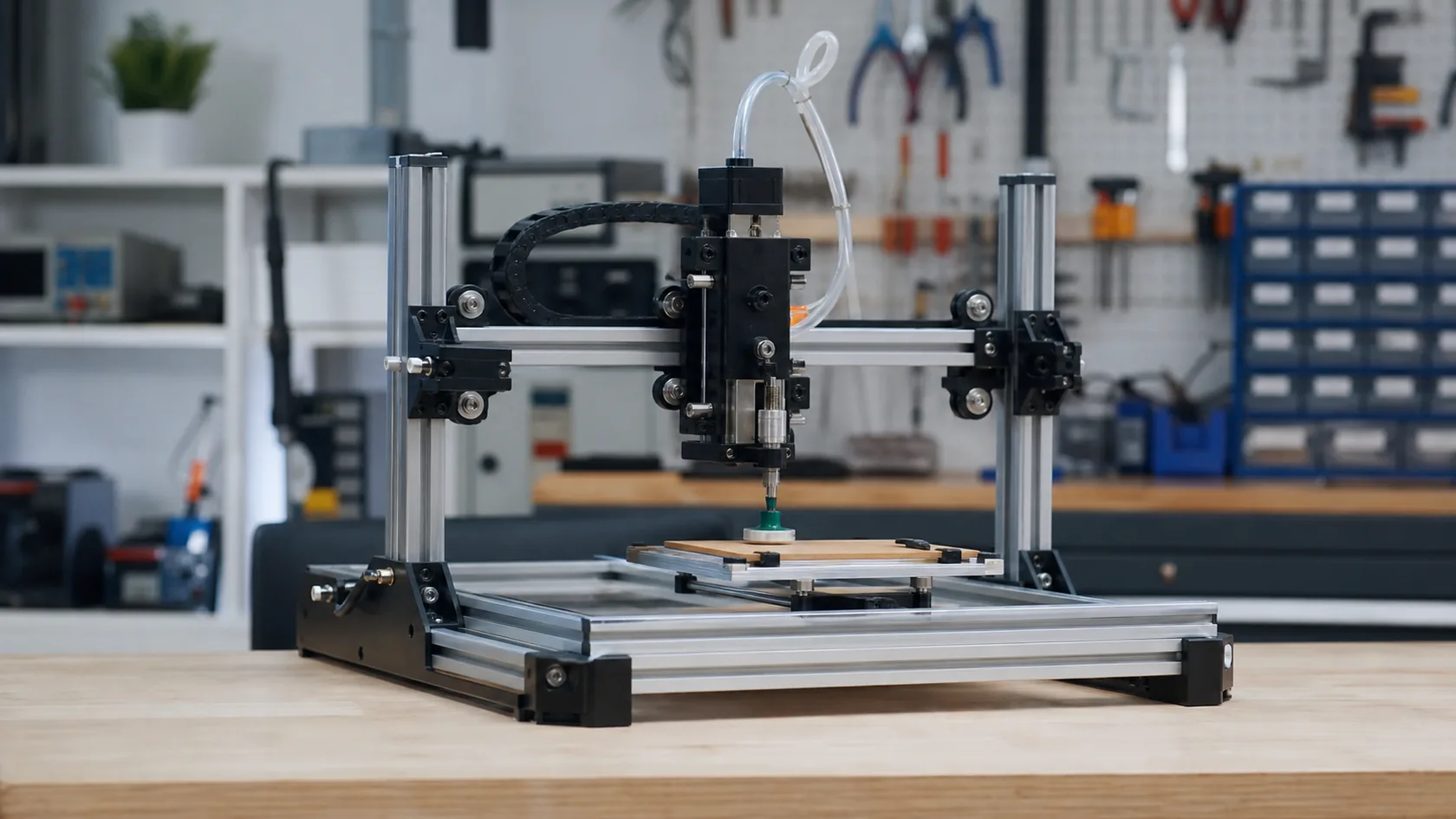 Compact light-duty desktop automation machine built with V-slot profiles and wheel carriages