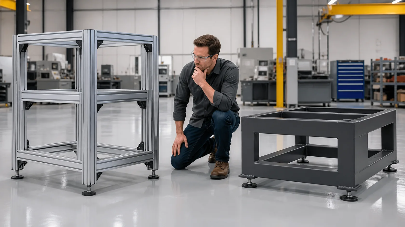 T-slot aluminum equipment frame beside a welded steel base in a factory