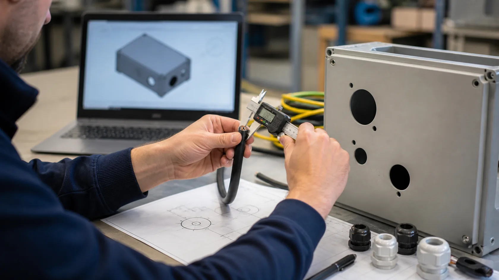 Engineer reviewing cable entry layout and gland specifications before machining