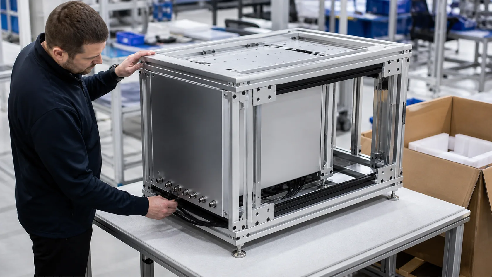 Final quality-control review of an aluminum T-slot equipment frame and custom enclosure