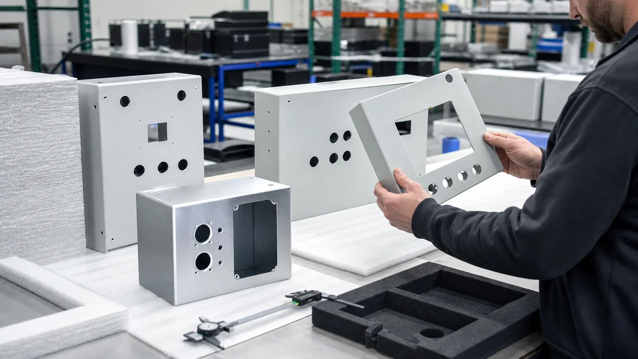 Final QC review of finished custom electrical enclosures before packaging