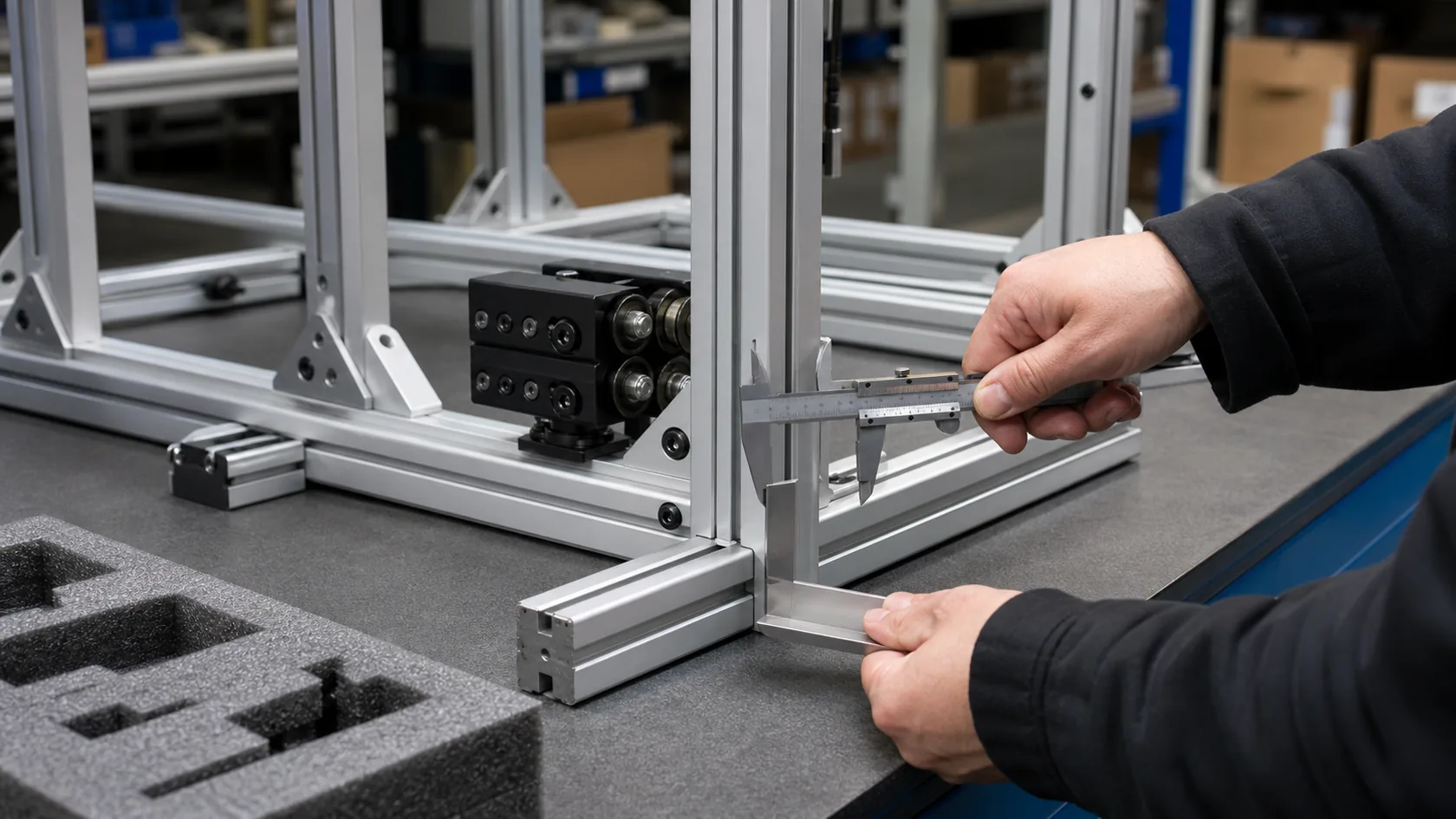 Quality-control inspection of an aluminum extrusion frame before packaging