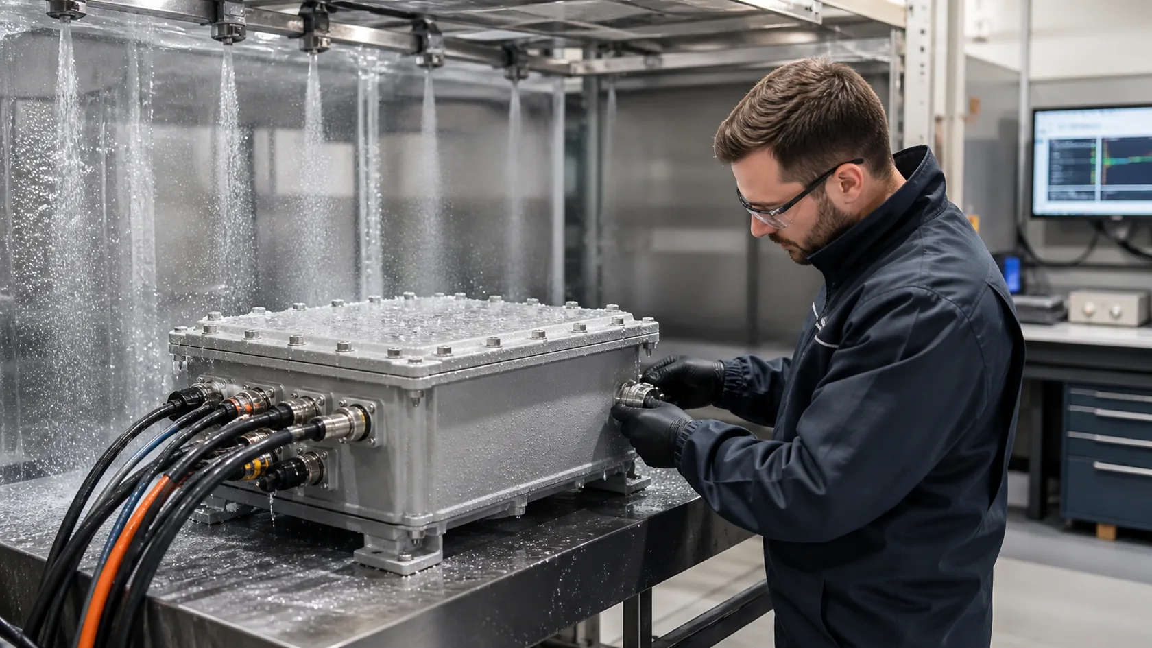 Fully assembled electrical enclosure in a controlled water-ingress test