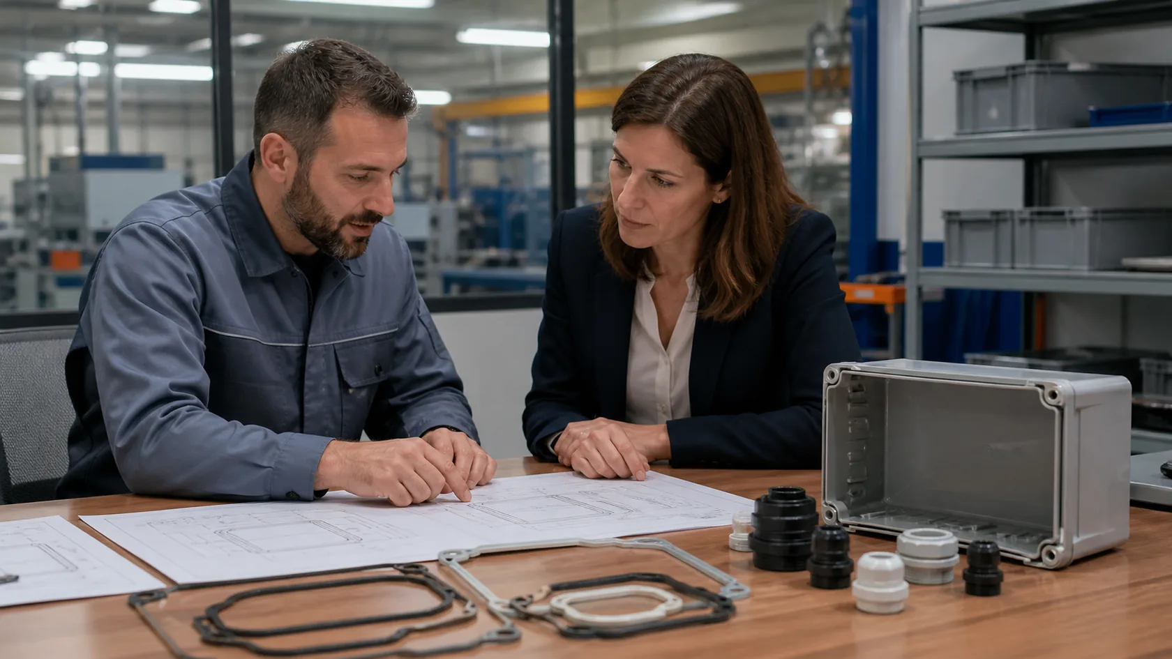 Engineering team reviewing enclosure sealing details before mass production