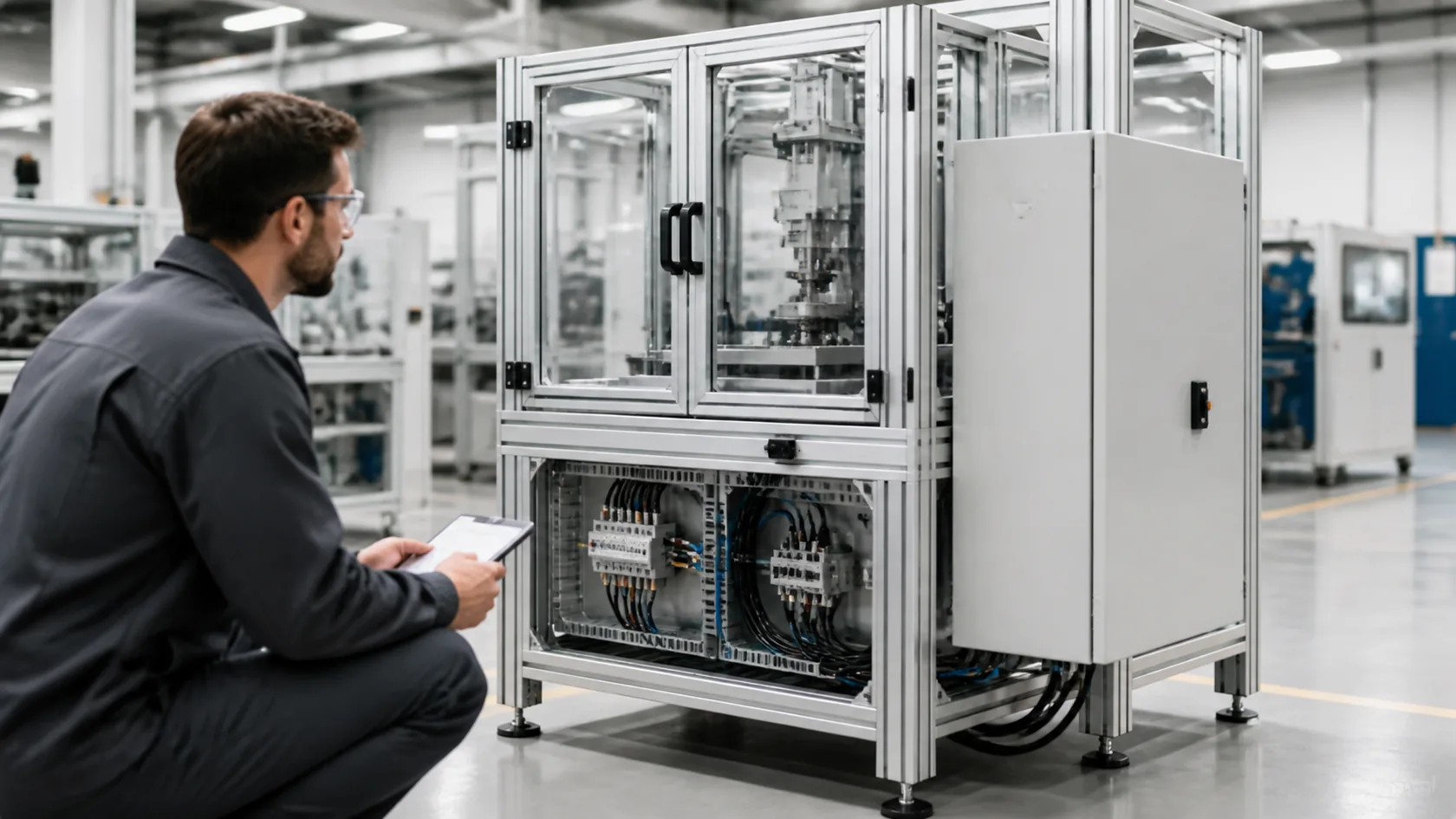 Engineer reviewing a finished T-slot aluminum equipment frame