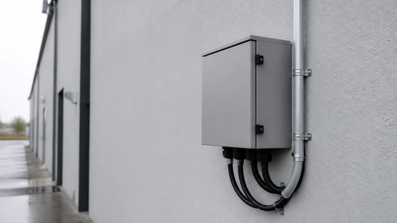 Finished outdoor enclosure with weather-protected fittings