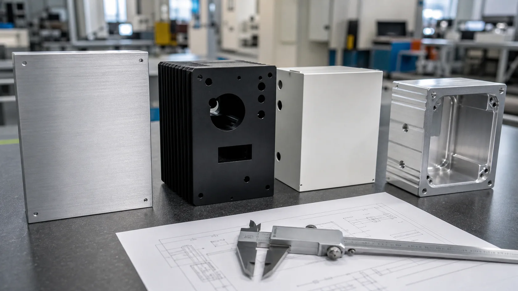 Aluminum enclosure samples showing brushed anodized powder coated and machined finishes