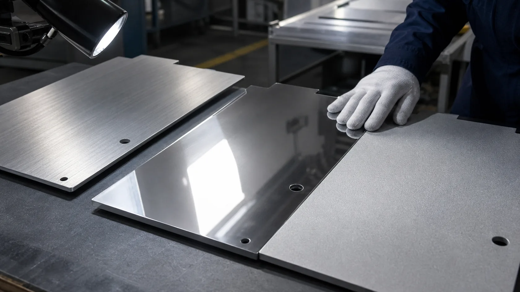 Brushed polished and bead blasted aluminum panels inspected under side light