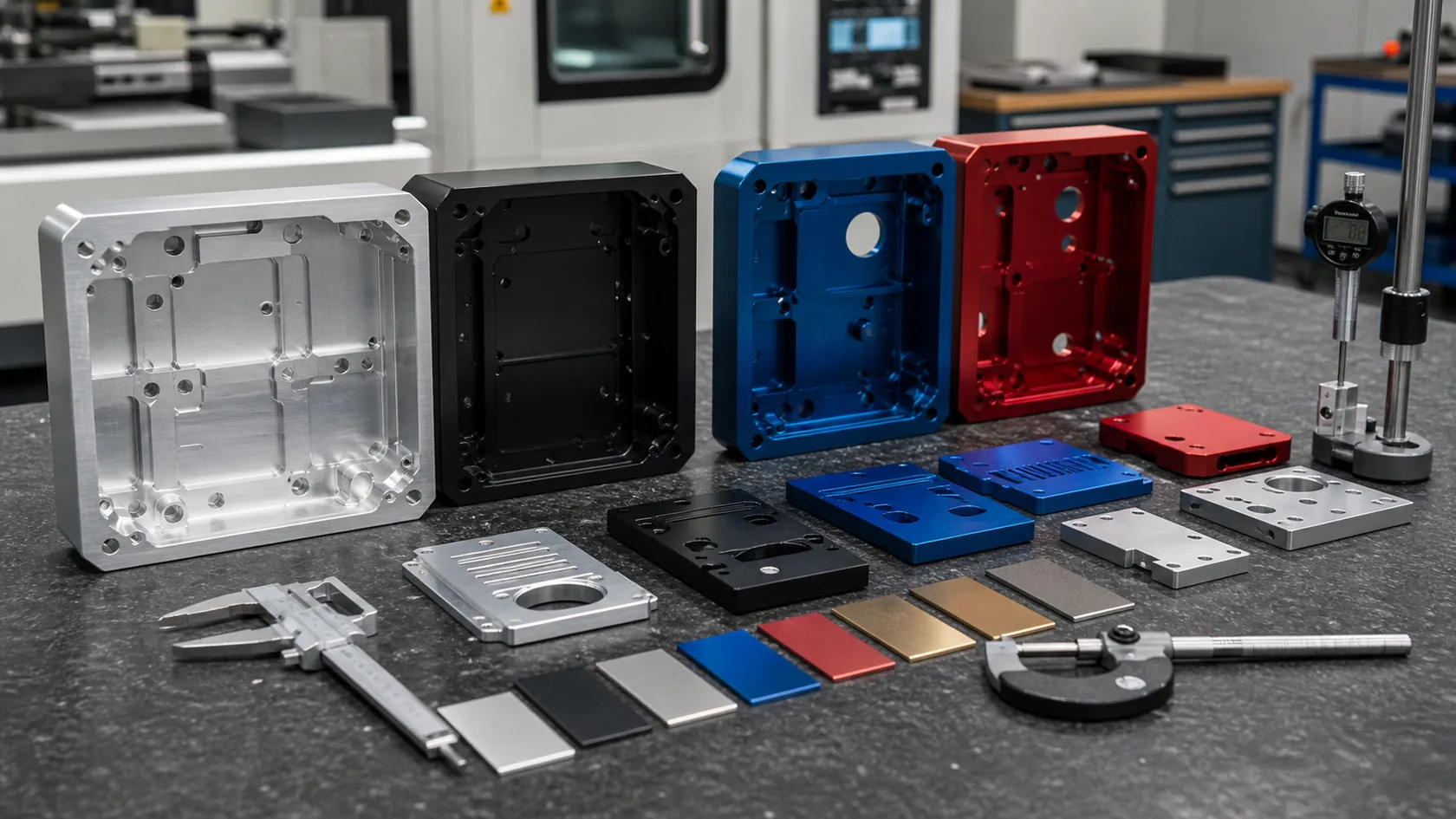 Clear black and colored anodized CNC aluminum enclosure parts on QC table