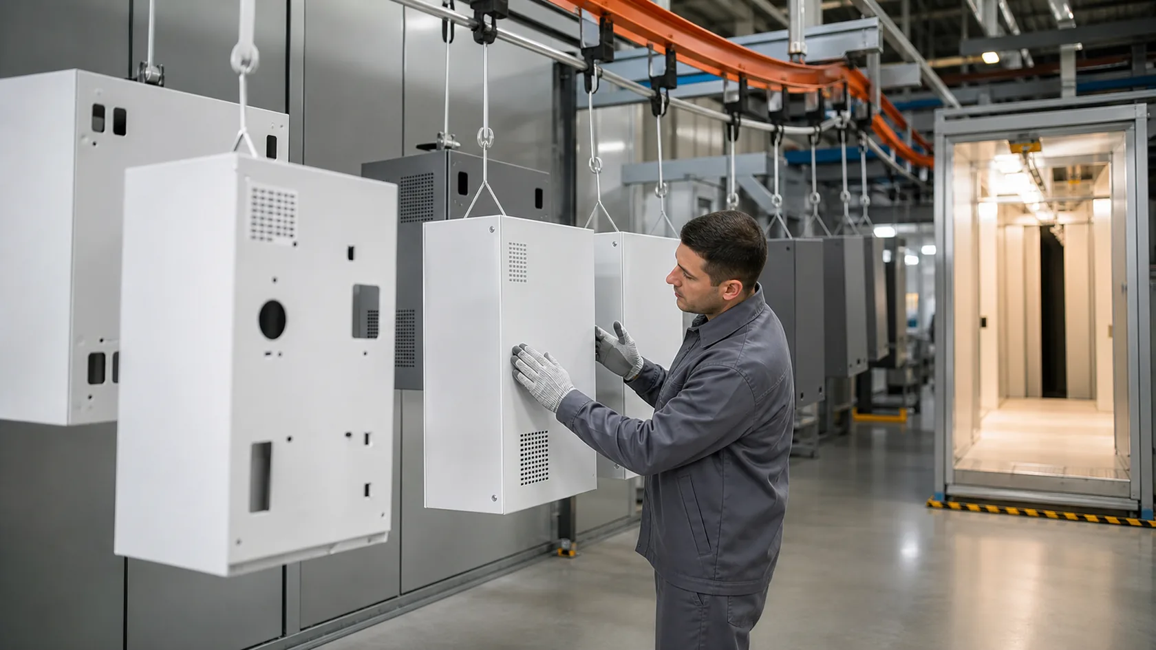 Powder coated aluminum sheet metal enclosures on a clean coating line