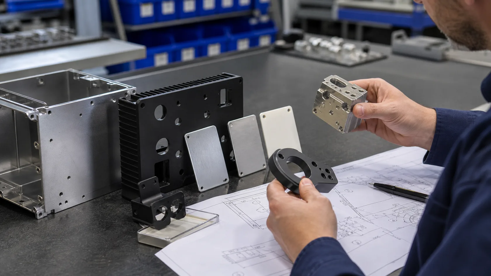 Special aluminum coating samples compared by engineer on technical drawing