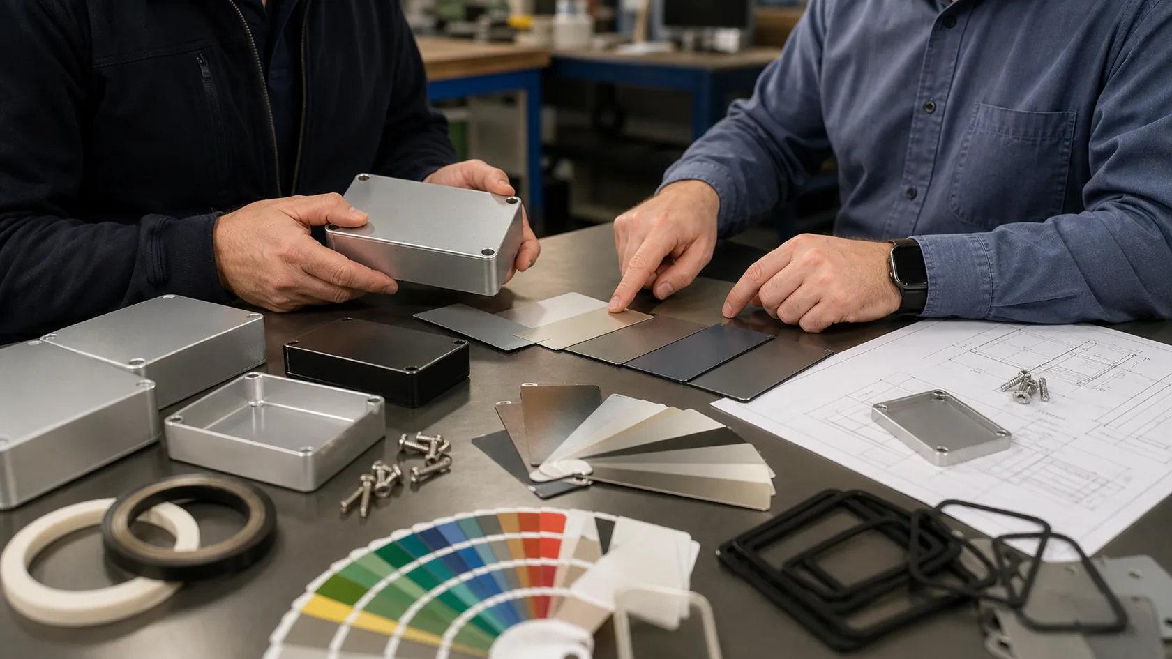 Buyer and supplier choosing aluminum enclosure finish samples at factory meeting table